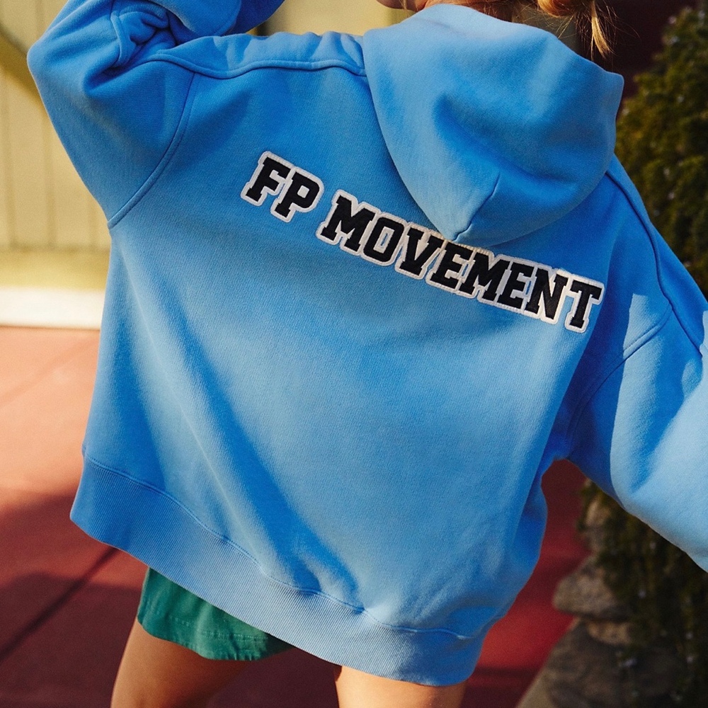 Free People Movement A Cut Above Embroidered Logo Hoodie Large Blue \"FLAWS\"